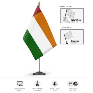 A mockup of the custom flag 'Socialist India Flag' as a desk flag and small hand waving flag