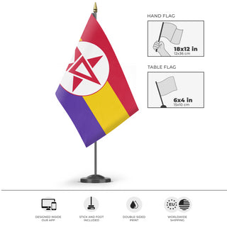 A mockup of the custom flag 'Socialist Spain Flag' as a desk flag and small hand waving flag