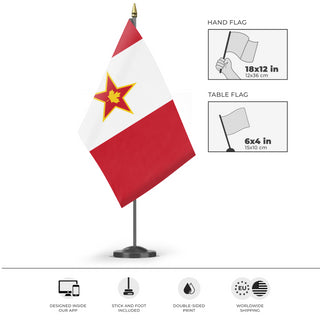 A mockup of the custom flag 'Socialist Canada Flag' as a desk flag and small hand waving flag