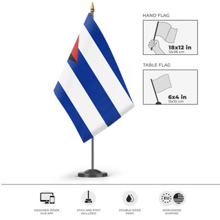 A mockup of the custom flag 'Socialist Cuba Flag' as a desk flag and small hand waving flag