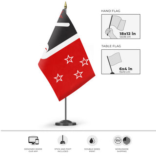 A mockup of the custom flag 'Socialist New Zealand Flag' as a desk flag and small hand waving flag