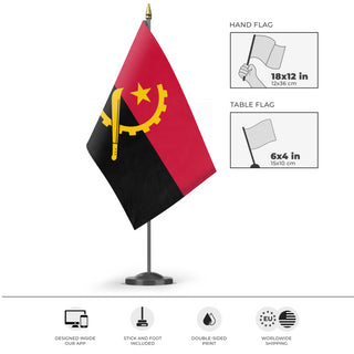 A mockup of the custom flag 'Socialist Angola Flag' as a desk flag and small hand waving flag