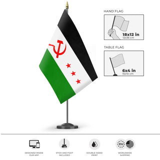 A mockup of the custom flag 'Socialist Syria Flag' as a desk flag and small hand waving flag