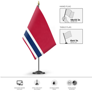 A mockup of the custom flag 'Socialist Norway Flag' as a desk flag and small hand waving flag