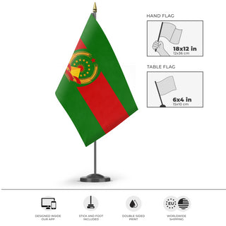 A mockup of the custom flag 'Socialist Bolivia Flag' as a desk flag and small hand waving flag
