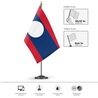 A mockup of the custom flag 'Socialist Laos Flag' as a desk flag and small hand waving flag