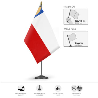 A mockup of the custom flag 'Socialist Chile Flag' as a desk flag and small hand waving flag