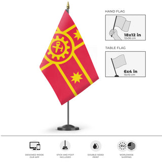 A mockup of the custom flag 'Socialist Australia Flag' as a desk flag and small hand waving flag