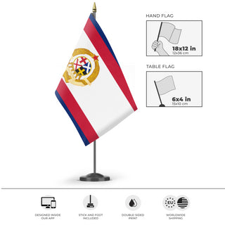 A mockup of the custom flag 'Socialist United Kingdom Flag' as a desk flag and small hand waving flag