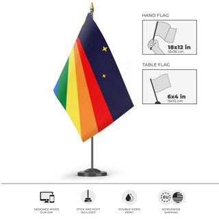 A mockup of the custom flag 'Luxury Gay Space Communism Flag' as a desk flag and small hand waving flag