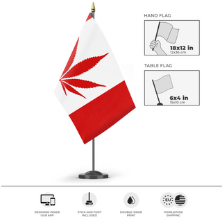 A mockup of the custom flag 'Canada Weed Flag' as a desk flag and small hand waving flag