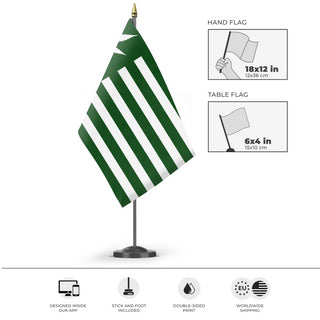 A mockup of the custom flag 'United States Weed Flag' as a desk flag and small hand waving flag