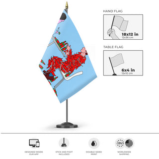 A mockup of the custom flag 'Dating Red Flags flag' as a desk flag and small hand waving flag