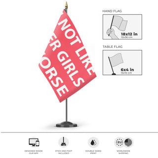 A mockup of the custom flag 'Not Like Other Girls Flag' as a desk flag and small hand waving flag