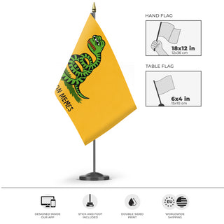 A mockup of the custom flag 'Don't Tread On Memes Flag' as a desk flag and small hand waving flag