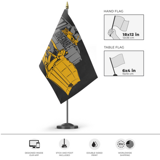 A mockup of the custom flag 'Killdozer Become Ungovernable Flag' as a desk flag and small hand waving flag