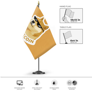 A mockup of the custom flag 'Crypto Doge Flag' as a desk flag and small hand waving flag