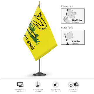 A mockup of the custom flag 'No Step on Snek flag' as a desk flag and small hand waving flag