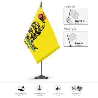 A mockup of the custom flag 'Please Tread On Me Daddy Flag' as a desk flag and small hand waving flag