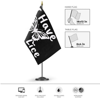 A mockup of the custom flag 'I Have Pubic Lice Flag' as a desk flag and small hand waving flag