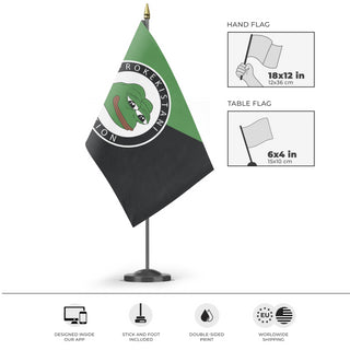 A mockup of the custom flag 'Prokekistani Action flag' as a desk flag and small hand waving flag