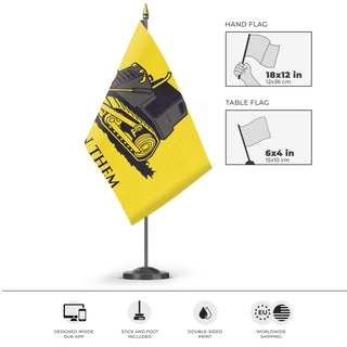 A mockup of the custom flag 'Killdozer Tread On Them Flag' as a desk flag and small hand waving flag