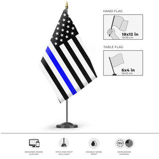 A mockup of the custom flag 'Thin Blue Line Flag' as a desk flag and small hand waving flag