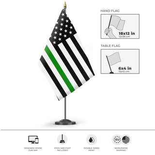A mockup of the custom flag 'Thin Green Line Flag' as a desk flag and small hand waving flag