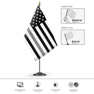 A mockup of the custom flag 'Thin Gray Line Flag' as a desk flag and small hand waving flag