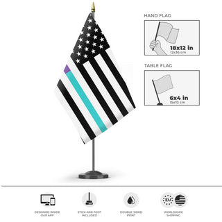 A mockup of the custom flag 'Thin Teal Line Flag' as a desk flag and small hand waving flag