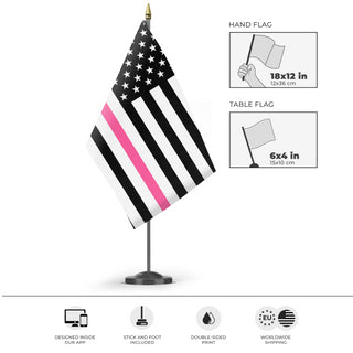 A mockup of the custom flag 'Thin Pink Line Flag' as a desk flag and small hand waving flag