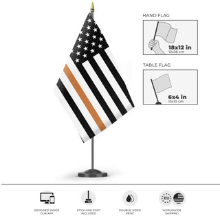 A mockup of the custom flag 'Thin Brown Line Flag' as a desk flag and small hand waving flag