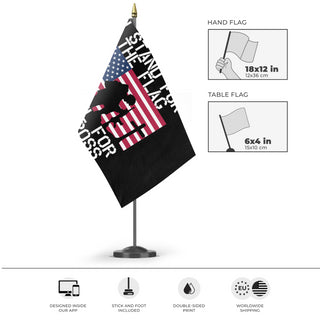 A mockup of the custom flag 'Stand For The Flag, Kneel For The Cross Flag' as a desk flag and small hand waving flag