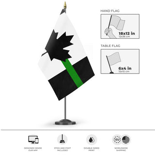 A mockup of the custom flag 'Thin Green Line Canada Flag' as a desk flag and small hand waving flag