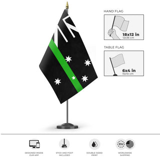 A mockup of the custom flag 'Thin Green Line Australia Flag' as a desk flag and small hand waving flag
