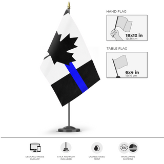 A mockup of the custom flag 'Thin Blue Line Canada Flag' as a desk flag and small hand waving flag