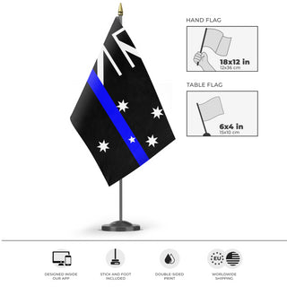 A mockup of the custom flag 'Thin Blue Line Australia Flag' as a desk flag and small hand waving flag