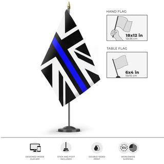 A mockup of the custom flag 'Thin Blue Line United Kingdom Flag' as a desk flag and small hand waving flag