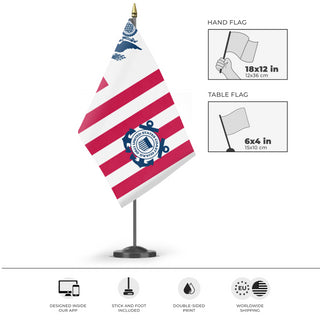 A mockup of the custom flag 'US Coast Guard Flag' as a desk flag and small hand waving flag