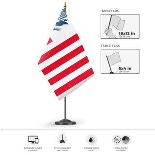 A mockup of the custom flag 'United States Customs Flag' as a desk flag and small hand waving flag