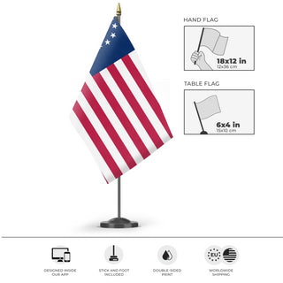 A mockup of the custom flag 'United States Yacht Flag' as a desk flag and small hand waving flag