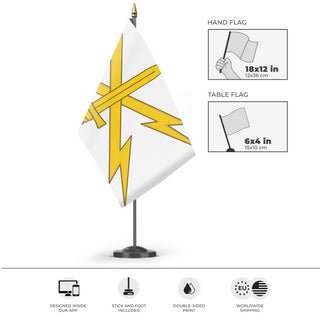 A mockup of the custom flag 'US Army Cyber Branch Flag' as a desk flag and small hand waving flag