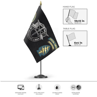 A mockup of the custom flag 'US Army Special Forces Branch flag' as a desk flag and small hand waving flag