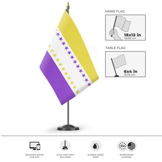 A mockup of the custom flag 'Women's Suffrage Victory Flag' as a desk flag and small hand waving flag