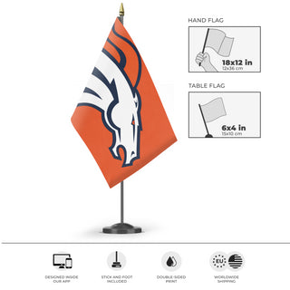 A mockup of the custom flag 'Denver Bronco Flag' as a desk flag and small hand waving flag