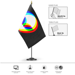A mockup of the custom flag 'Alien Rave Flag' as a desk flag and small hand waving flag