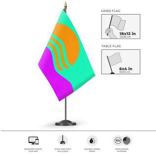 A mockup of the custom flag 'Vaporwave Flag' as a desk flag and small hand waving flag