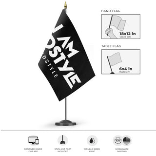 A mockup of the custom flag 'Hardstyle Flag' as a desk flag and small hand waving flag