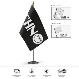 A mockup of the custom flag 'Techno Rave Flag' as a desk flag and small hand waving flag