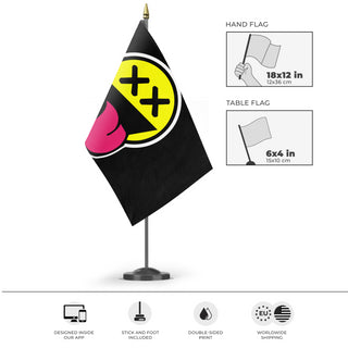 A mockup of the custom flag 'Hardstyle Smile Rave Flag' as a desk flag and small hand waving flag